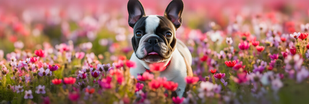 Floral Paradise: Adorable Bulldog Surrounded by Blooming Flowers
