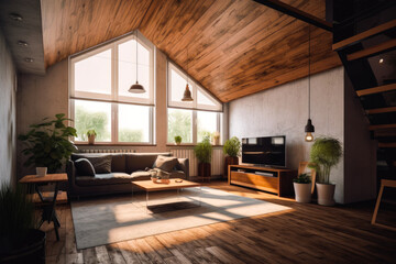 Fototapeta na wymiar Architectural photography of a modern livingroom. Modern style interior design idea, loft conversion. Generative AI