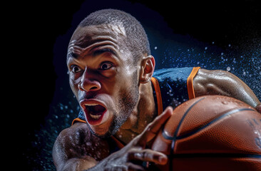 Portrait of an African American sportsman with a basketball and strong emotions on his face. Generative AI