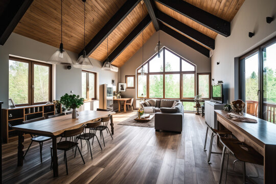 Architectural photography of a modern livingroom. Modern style interior design idea, loft conversion. Generative AI