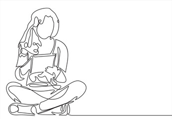 continuous line drawing professional young business woman using digital mobile phone tablet computer work and writing work plan on personal notebook isolated on white background