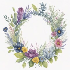 Watercolor floral wreath with purple and yellow meadow flowers on white background, AI generated illustration