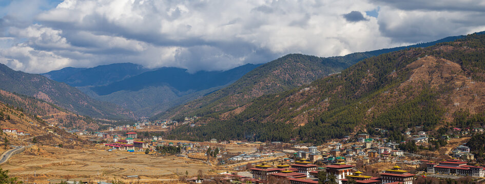 Capital city Thimphu in the mountains of Buthan, Himalaya.