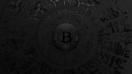 Black Bitcoin on black background and futuristic printed circuit. Digital Currency. 3d rendering