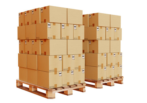 Pallets with boxes. Cardboard parcels. Pallets with cargo isolated on white. Boxes are ready for shipping. Parcels are stacked on wooden pallets. Courier boxes. Delivery, logistics. 3d image
