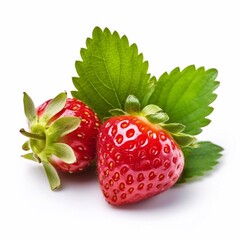 Ripe strawberry with green leaves isolated on white background. AI generated.