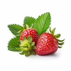 Ripe strawberry with green leaves isolated on white background. AI generated.