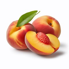 Ripe peach with green leaves isolated on white background. AI generated.