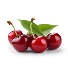 Cherries with green leaves isolated on white background. AI generated.