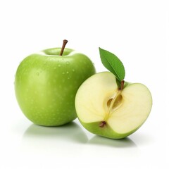 Ripe green apple with green leaves isolated on white background. AI generated.
