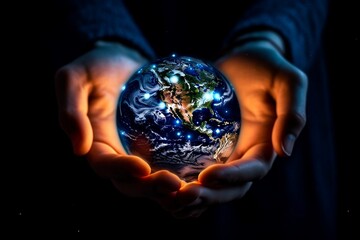 Illustration of Earth at Night Held in a Human Hand, Generative Ai