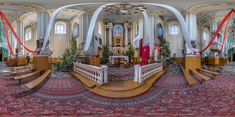 full spherical seamless hdri 360 panorama inside interior of old gothic catholic church in...