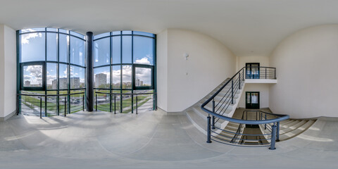 hdri 360 panorama view in empty modern hall near panoramic windows with columns, staircase and...