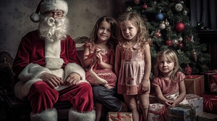 Obraz na płótnie Canvas Santa Claus with kids indoors christmas celebration concept. Santa Claus. Christmas Tree. Christmas. Made With Generative AI.