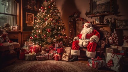 Obraz na płótnie Canvas Santa Claus next to the Christmas tree and New Year's gifts. Santa Claus. Christmas Tree. Christmas. Made With Generative AI.