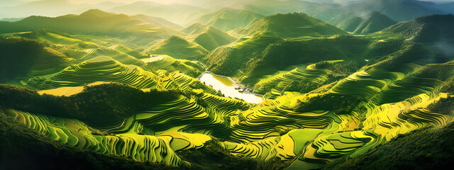 Abstract landscape rice terraces field in colorful.nature agriculture patterns,beautiful greeny hills or valley mountain.generative ai art - obrazy, fototapety, plakaty