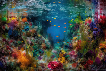 Naklejka na ściany i meble Enchanting Depths: A Kaleidoscope of Colors in the Deep Sea. Generative AI