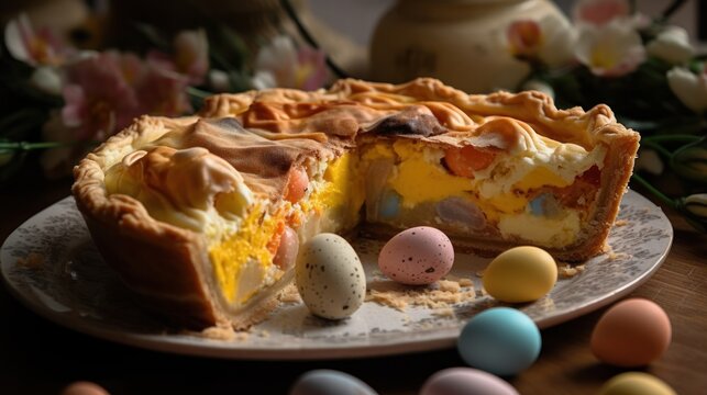 Easter Eggs. Easter Cake. Easter table. Rabbit. Easter.  Made With Generative AI.