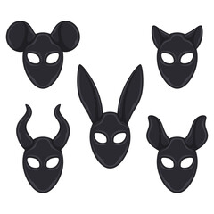 Set of color illustrations with black masks rabbit, cat, mouse, horns ears. Isolated vector objects on white background.