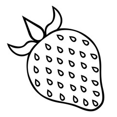 Strawberry. Sweet fruit with a stalk. Sketch. A ripe berry with small seeds lies on its side. Vector illustration. Doodle style. Outline on isolated background. Coloring book for children.