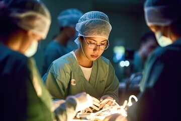 Photo of a female doctor performing surgery in an operating room. Generative AI