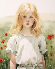Obraz na płótnie Canvas A blond girl in a poppy field, closeup portrait. Immersed in nature. Generative AI
