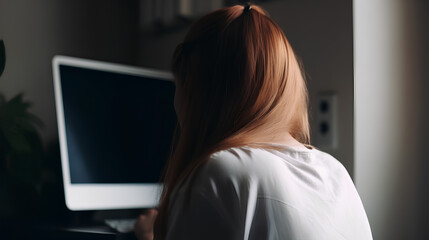 Close up view from back of Young woman using laptop with white screen at home