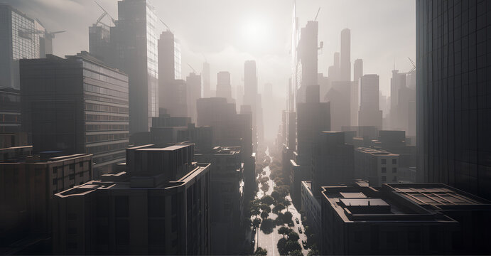 an architectural design of a modern city skyline, featuring sleek lines and clean symmetry. Utilize Unreal Engine 5 to render the scene with dynamic lighting and create a sense of depth and realism