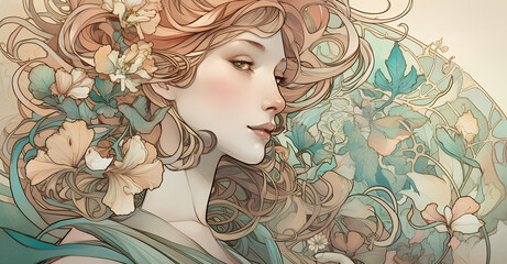 art nouveau-inspired portrait of a woman adorned with flowing hair, delicate floral patterns, and soft, pastel colors. Use a mix of digital painting techniques and watercolor effects to capture the ro