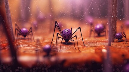 Cute scary spiders and web for Halloween card, purple and orange insects. Adorable arachnids. Generative AI.