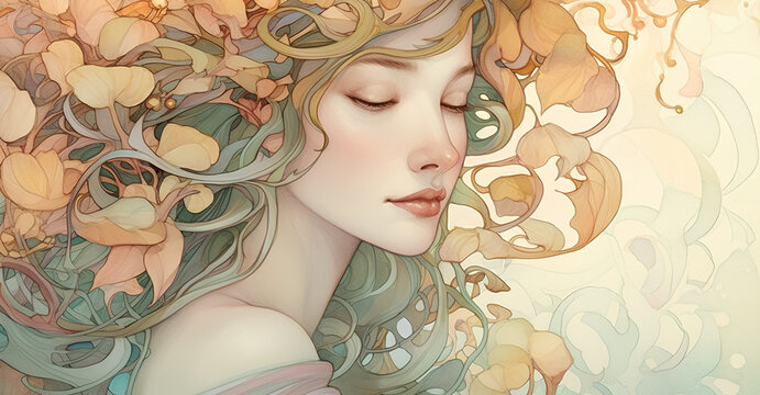 art nouveau-inspired portrait of a woman adorned with flowing hair, delicate floral patterns, and soft, pastel colors. Use a mix of digital painting techniques and watercolor effects to capture the ro
