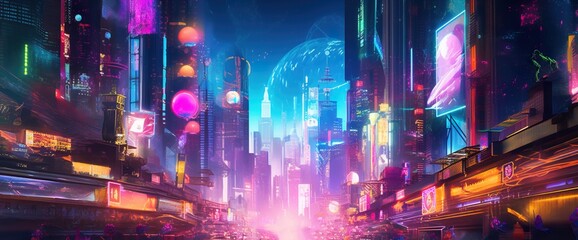 Fototapeta na wymiar Cyberpunk neon city street at night. Futuristic city scene in a style of sci-fi art. 80's wallpaper. Retro future Generative AI illustration. Urban scene.