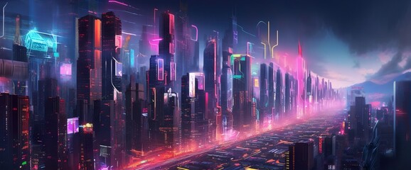 Panorama of a Cyberpunk neon city street at night. Aerial view. Futuristic city scene in a style of sci-fi art. 80's wallpaper. Retro future Generative AI illustration. Urban scene.