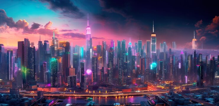 Panorama of a Cyberpunk neon city street at night. Aerial view. Futuristic city scene in a style of sci-fi art. 80's wallpaper. Retro future Generative AI illustration. Urban scene.