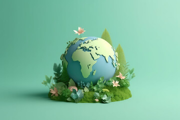 Planet earth surrounded by trees, plants and flowers isolated on flat green background, copy space. Creative earth day concept, ecological living, plastic free, 3d cartoon clay style. Generative AI