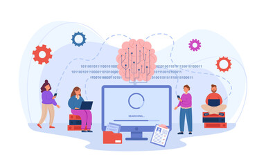 People using AI search on different devices vector illustration. Computer screen with web browser search engine connected to human brain. Artificial intelligence, chatbot concept