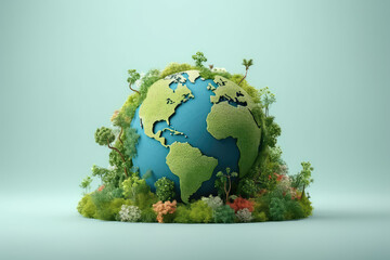 Planet earth surrounded by trees, plants and flowers isolated on flat blue background, copy space. Creative earth day concept, ecological living, plastic free, 3d cartoon clay style. Generative AI