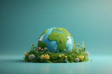 Planet earth surrounded by trees, plants and flowers isolated on flat blue background, copy space. Creative earth day concept, ecological living, plastic free, 3d cartoon clay style. Generative AI