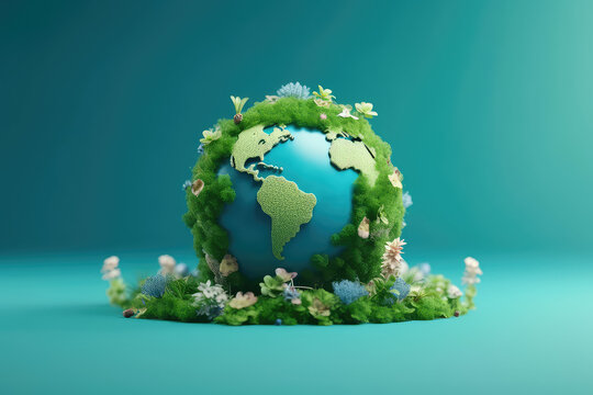 Planet earth surrounded by trees, plants and flowers isolated on flat blue background, copy space. Creative earth day concept, ecological living, plastic free, 3d cartoon style. Generative AI