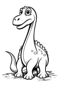 Brontosaurus. Dinosaur, cartoon style, kids content. White background.  Coloring page. Ai illustration, fantasy digital painting, Generative AI