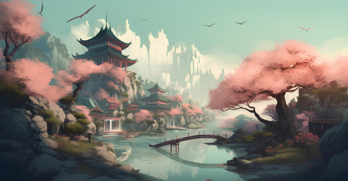 surreal landscape with organic patterns and watercolor-like textures, inspired by the concept of Ukiyo-e art. Use Vray to render the scene in high resolution, capturing a sense of tranquility and visu