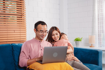 Couple planning finance and insurance for retirement together at home. financial budget report information and money plan, paying bills with laptop computer.