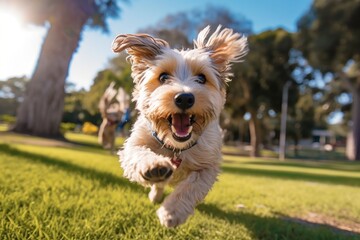 A close - up shot of a joyful, dog running through the park. Generative AI