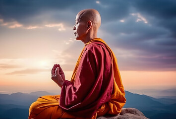 A Tibetan monk prays and meditates on a high mountain. Generative AI. - obrazy, fototapety, plakaty