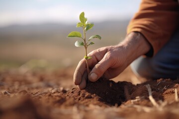 A close - up shot of a person planting a young tree in a barren field. Generative AI