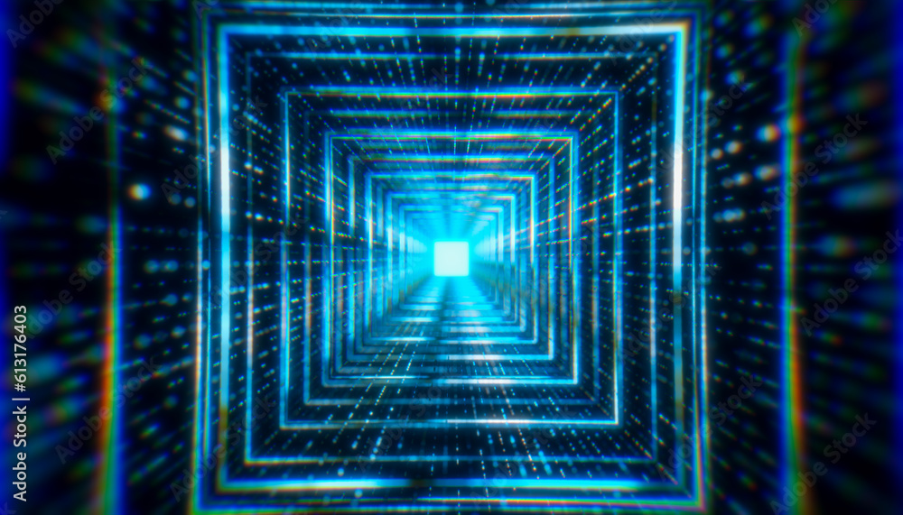 Aufkleber illustation of squares in a tunnel with particles against a dark background - abstract background.