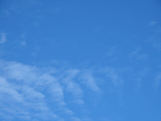 Fototapeta premium Blue sky background with white clouds shaped like fish tails.