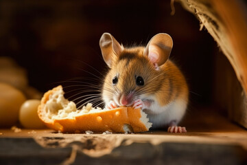 Mouse eating piece of bread. Generative ai