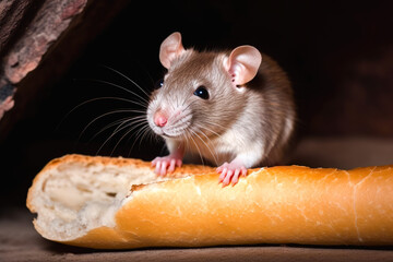 Rat eating piece of bread. Generative ai