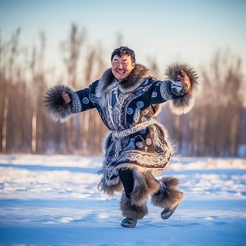 Dances of the peoples of the north. A man in an animal skin performs a shaman dance in winter. Generative AI.